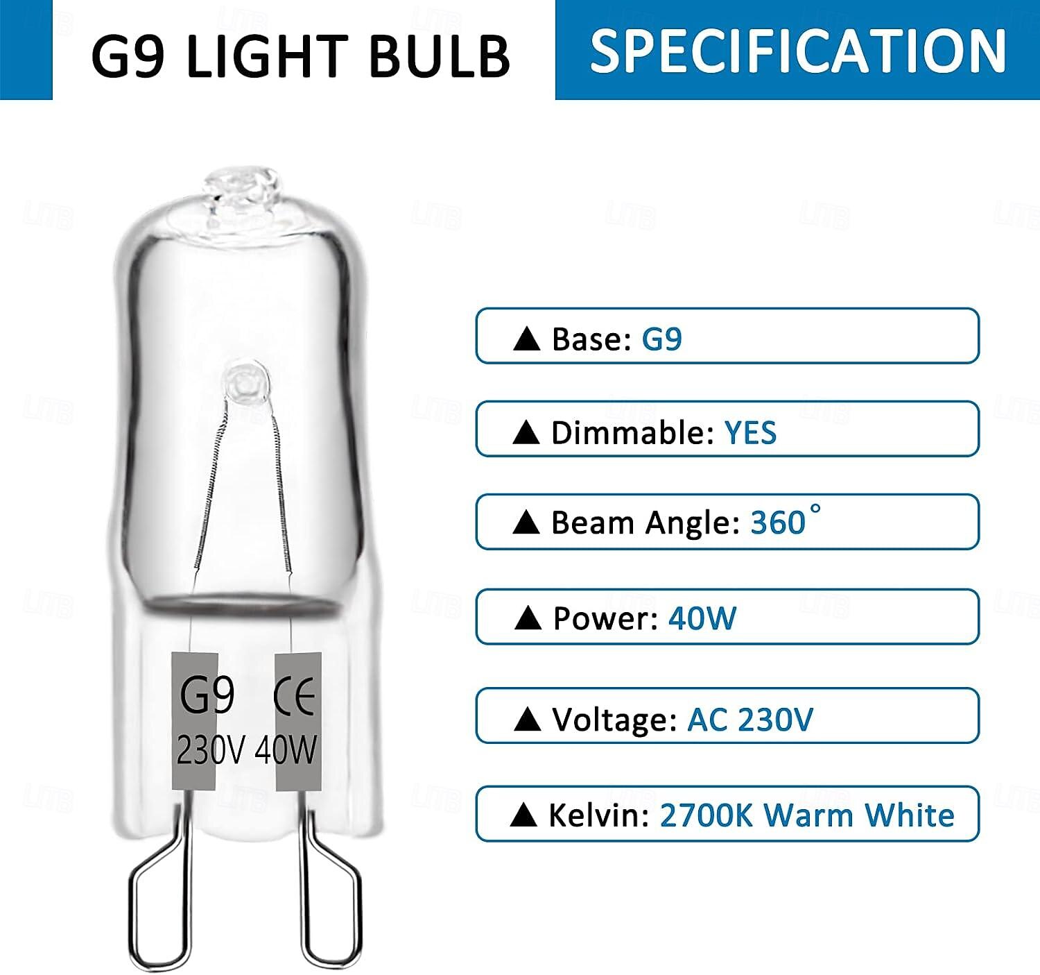 2025年 10 個 g9 40 ワット 220v 2 ピンハロゲン電球ウォームホワイト 3000 k 360 ビーム角オーブン電子レンジクリスタルランプ天井ファンライト  コレクション – $13.49 –P2