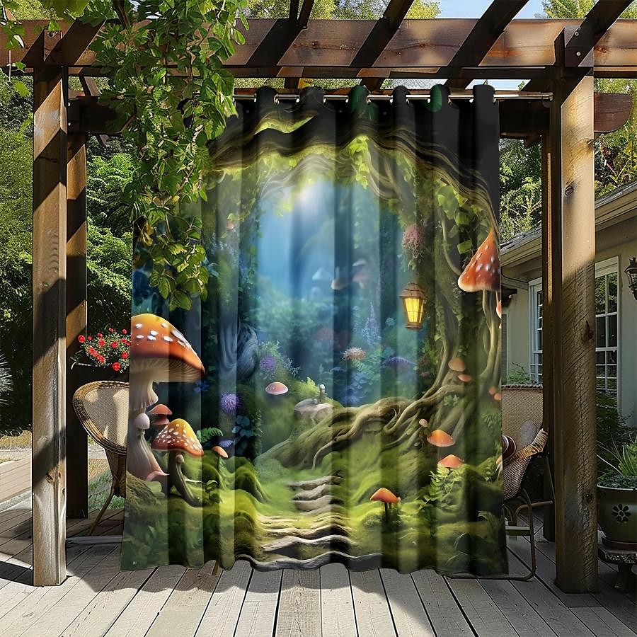 Wasserdichter Outdoor Vorhang Außenvorhang für Privatsphäre, Außenjalousien, verschiebbare Terrassenvorhangvorhänge, Pergolavorhänge mit Ösen, Pilzwald für Pavillon, Balkon, Veranda, Party 2025 - $28.99 –P19