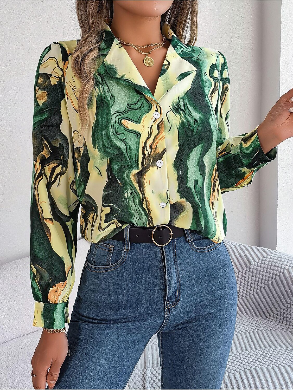 dames overhemd blouse mode abstract knopen print lange mouw normale tops overhemd kraag casual geel rood blauw paars groen lente& val 2025 - $29.99 –P10