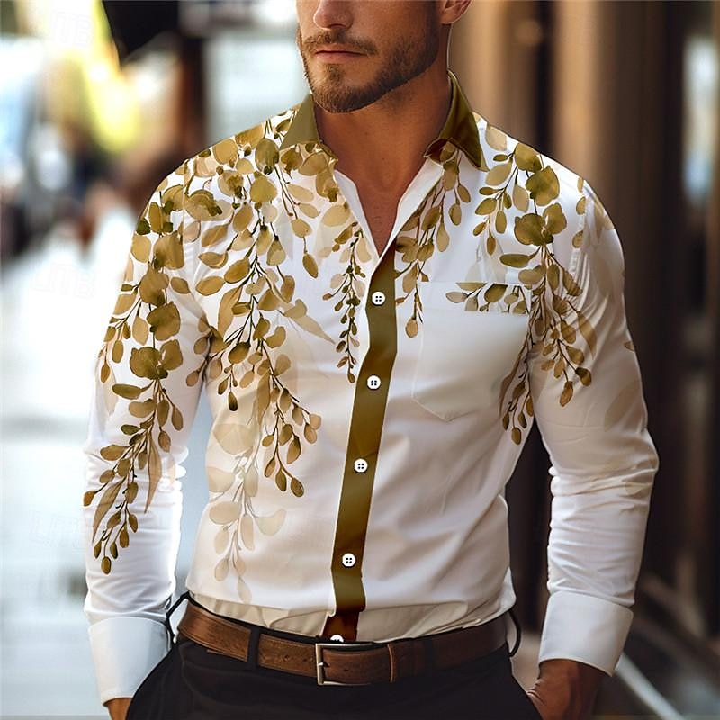 Herren Blatt Bedruckte Hemden Langarm Business-Casual Tragen Sie, um zu arbeiten Freizeitskleidung Strassenmode Frühling Sommer Umlegekragen Tasche Bedruckt Button-Down Gelb Blau 2025 - $26.99 –P5