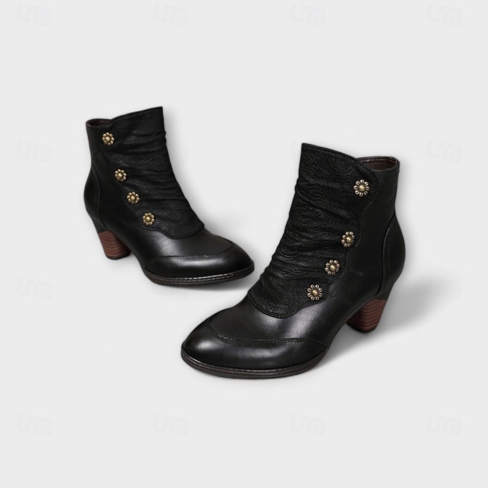 damskie botki vintage z czerwonej skóry – najwyższej jakości skóra bydlęca z kwiatowymi akcentami guzikowymi i grubym obcasem, idealne do stylu retro i na co dzień 2026 - $94.99 –P13