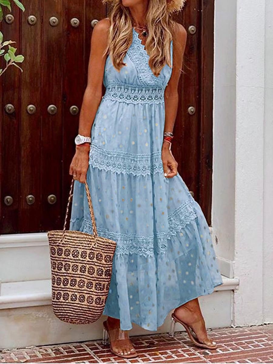 Per donna Abito Lungo Maxi Abito Abito in Pizzo Abito Bianco Abito a trapezio Abito Semplice Essenziale Boho Linea A Spiaggia Vacanza Ferie Vestibilità regolare Senza Maniche Scollo a V Bianco Giallo del 2026 a $37.99 –P3