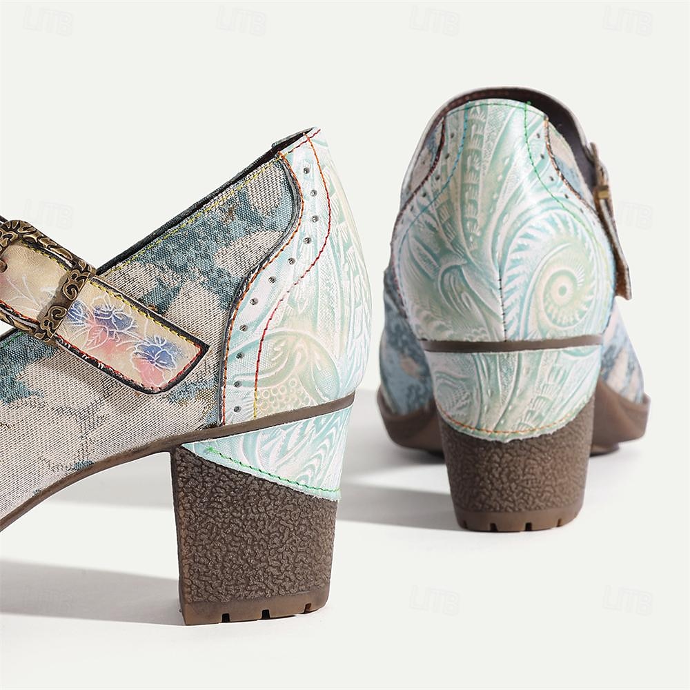 Damen Absätze Pumpen Handgefertigte Schuhe Vintage-Schuhe Hochzeit Party Farbblock Konischer Absatz Runde Zehe Elegant Vintage Leder Schnalle Hellblau 2025 - $89.99 –P3