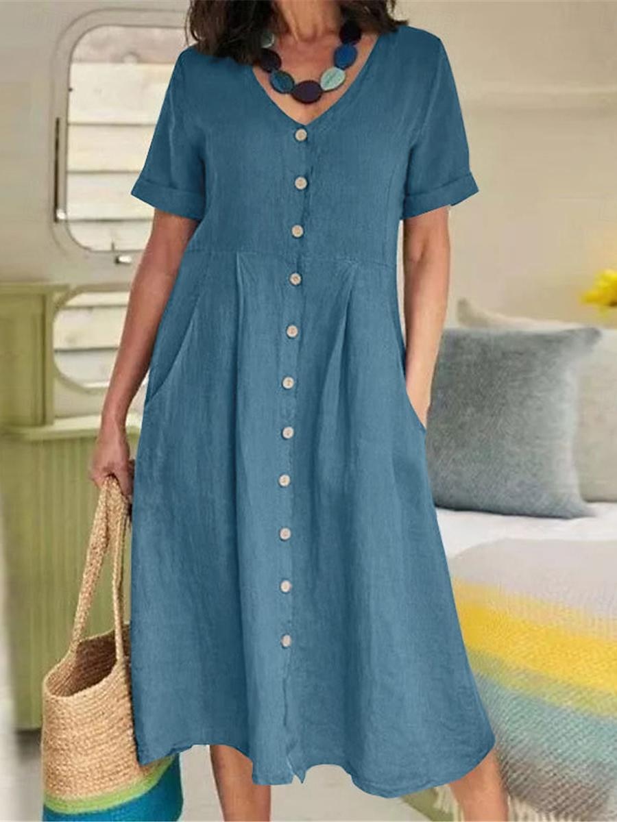 Damen Armeegrün Schwarz Weiß Sommer Frühling Midikleid Weißes Kleid Baumwoll-Leinen-Kleider Hemdblusenkleid Basic Modern Täglich Wochenende Lässiger Schnitt Einfach V Ausschnitt 2025 - $26.99 –P5