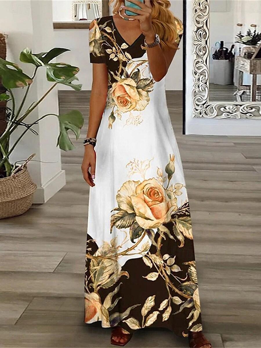 Damen Freizeitkleid Blumendruck V-Ausschnitt Langes Kleid Maxikleid Urlaub Kurzarm Sommer 2025 - $35.99 –P1