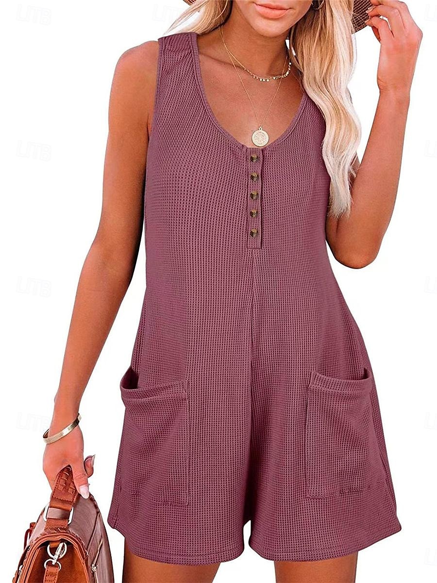 Dam Vanligt Jumpsuits Streetwear Ensfärgat Ärmlös V-hals Knappar Ficka Gata Dagligen Normal Svart Rodnande Rosa Vin Sommar 2025 - $22.99 –P6