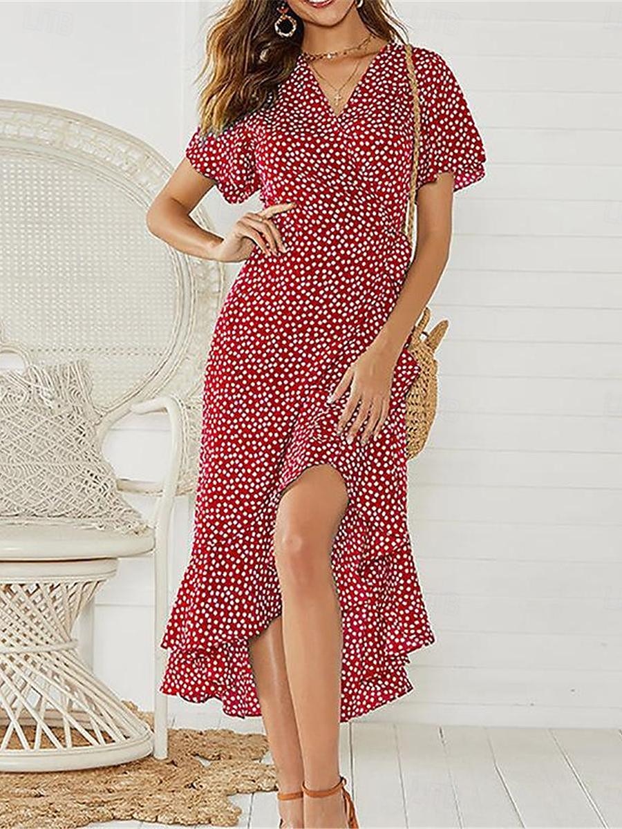 robe décontractée pour femme robe portefeuille à pois à lacets à volants col en V robe longue robe maxi vacances manches courtes été de 2025 ? $33.99 –P6
