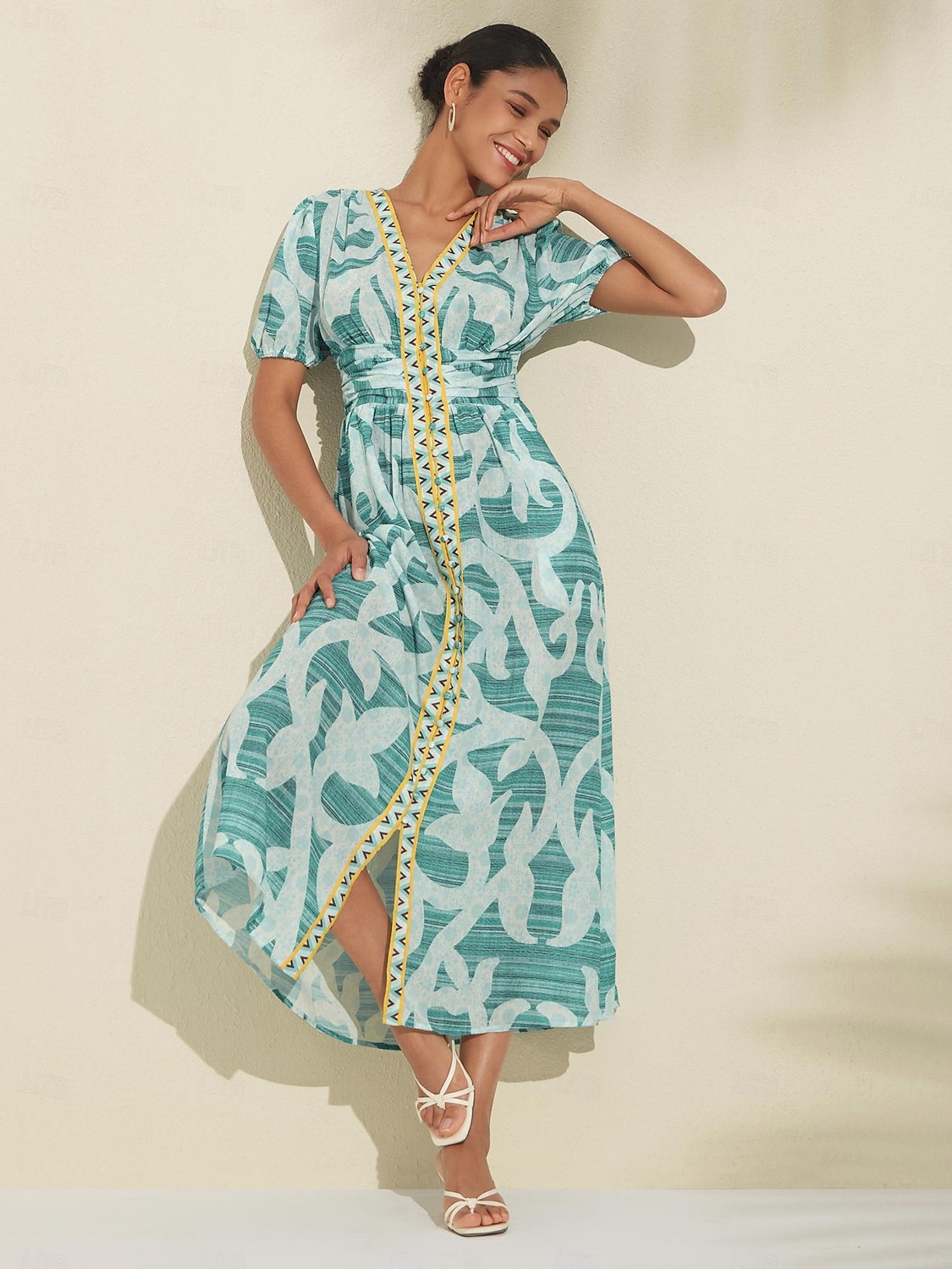 robe mi-longue à manches bouffantes et col V de 2025 ? $86.99 –P6