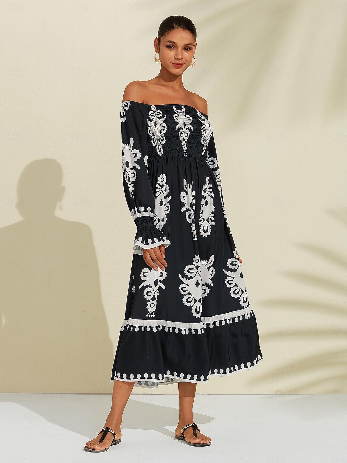 vestido midi com estampa geométrica ombro a ombro de 2026 por $30.49 –P3