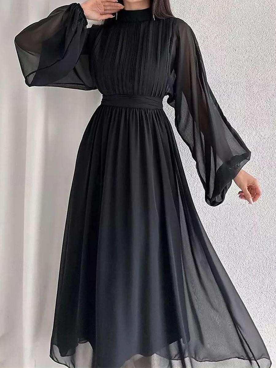 Női Fehér ruha Hosszú ruha Maxi ruha Sifon Fodrozott Randi Elegáns Utcai sikk Állógallér Hosszú ujj Fekete Fehér Arcpír rózsaszín Szín 2025 - $34.99 –P12