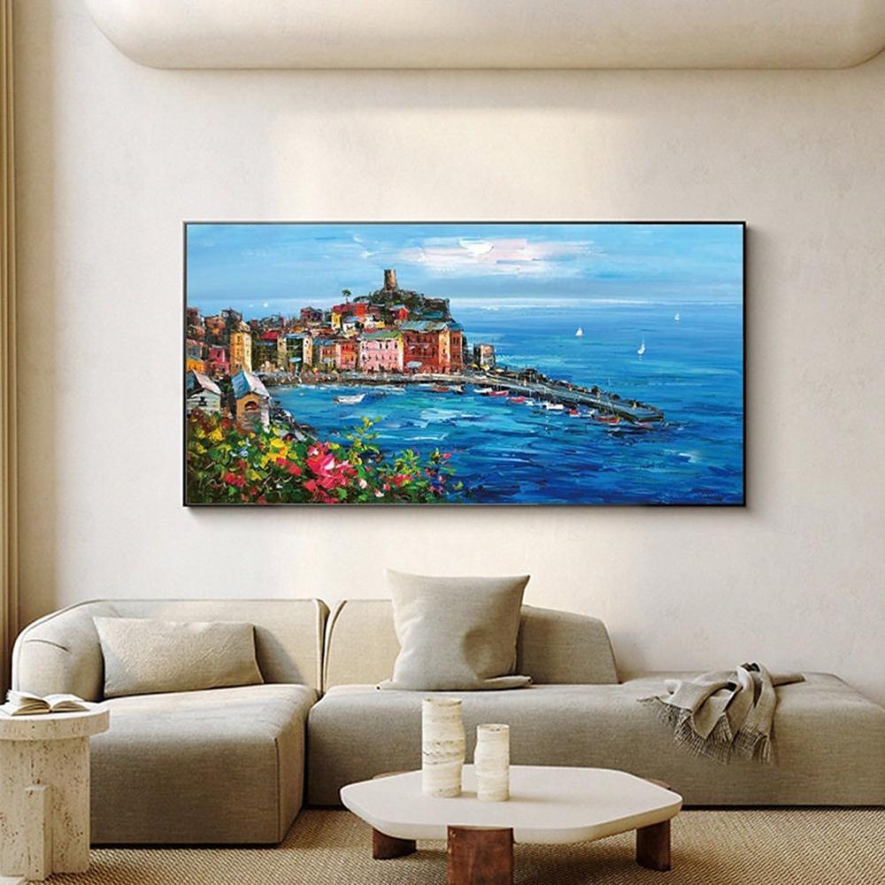 met de hand geschilderd mediterraan landschap olieverfschilderij op canvas impressionistisch schilderij van de middellandse zee canvas kunst getextureerde kustschildering muurkunst schilderij voor 2025 - $66.99 –P1