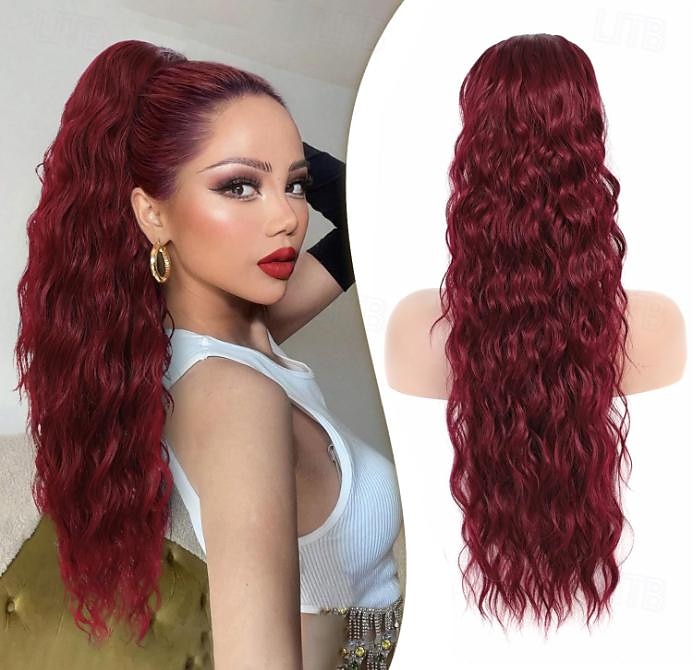 Cordon queue de cheval extensions de cheveux cuivre rouge longue bouclée ondulée queue de cheval naturel ondulé postiches synthétiques pour les femmes de 2025 ? $11.99 –P10