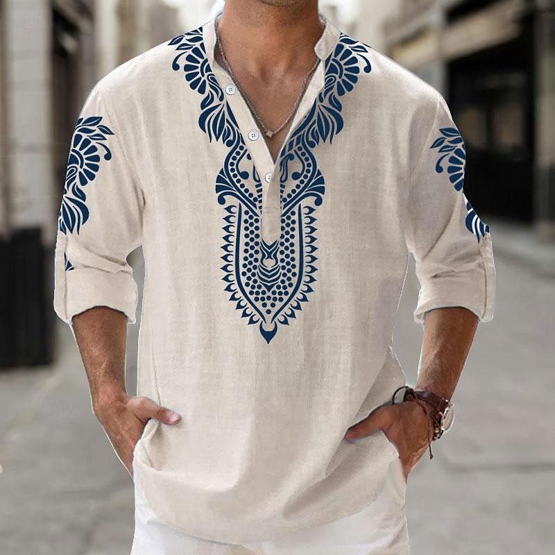 Férfi Törzsi Etno Bandana Print Ing vászon ing Gombos póló Hosszú ujj Törzsi Vakáció Hétköznapi viselet Alkalmi Tavasz & Ősz Állógallér Gombok Nyomtatott Fehér Medence Khakizöld 2025 - $12.99 –P3