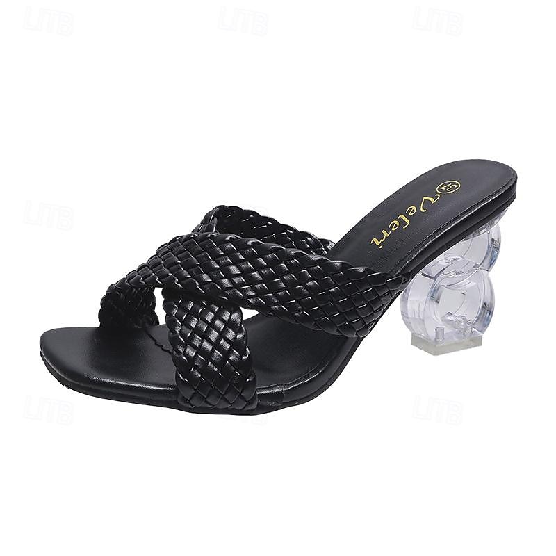 sandali bianchi intrecciati da donna - punta aperta, tacco spesso trasparente, scarpe estive alla moda per abbigliamento casual e da festa del 2025 a $29.99 –P1