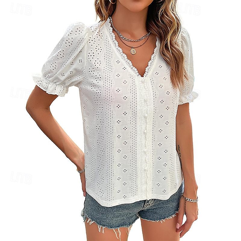 Hemd Spitzenhemd Bluse Öse oben Damen Weiß Glatt Spitze Ausgeschnitten Strasse Täglich Modisch V Ausschnitt Regular Fit S 2025 - $34.99 –P6
