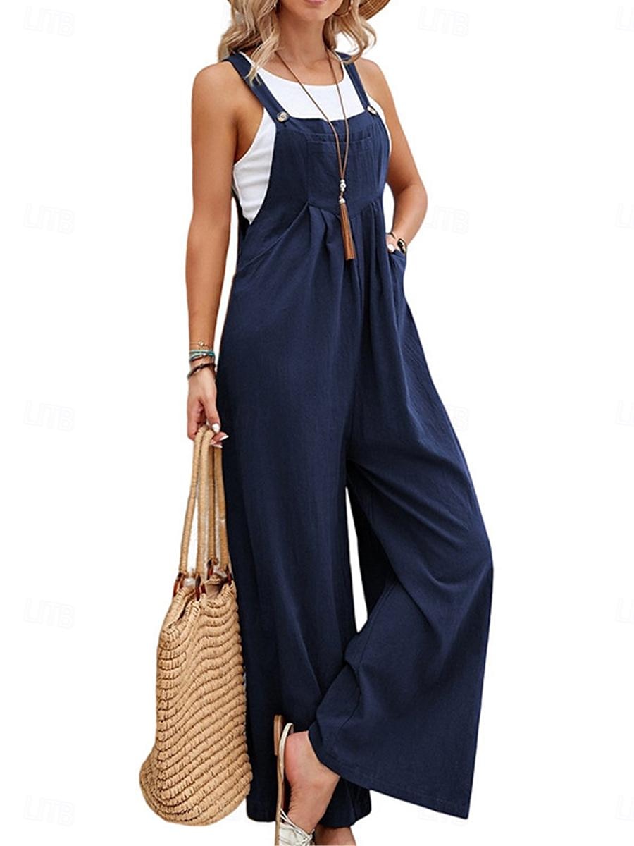 Femmes Normal Combinaison Streetwear Couleur Unie Sans manches Col carré Avec Poches Boutons Quotidien Rue Coupe régulière Noir Vin bleu marine Été de 2026 ? $24.99 –P2