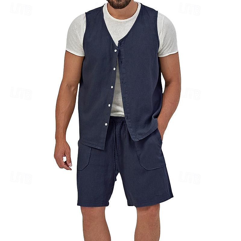 Men's Linen Shorts Summer Shorts Beach Shorts Set Pocket Drawstring Elastic Waist Plain Comfort Breathable Short Holiday Vacation Beach Hawaiian Boho Black Yellow 2025 - $34.99 –P6