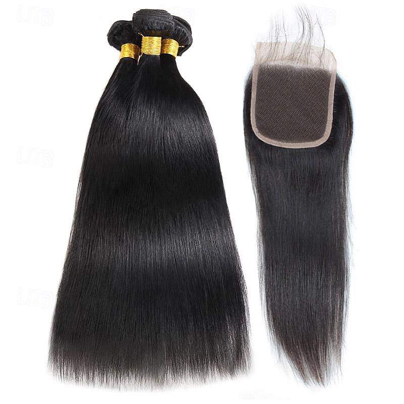 knochenglatte Echthaarbündel mit Verschluss, 4x4-Spitzenverschlüsse mit Bündeln, brasilianische Haarwebartbündel mit Verschluss, Remy-Haar 2025 - $206.89 –P2