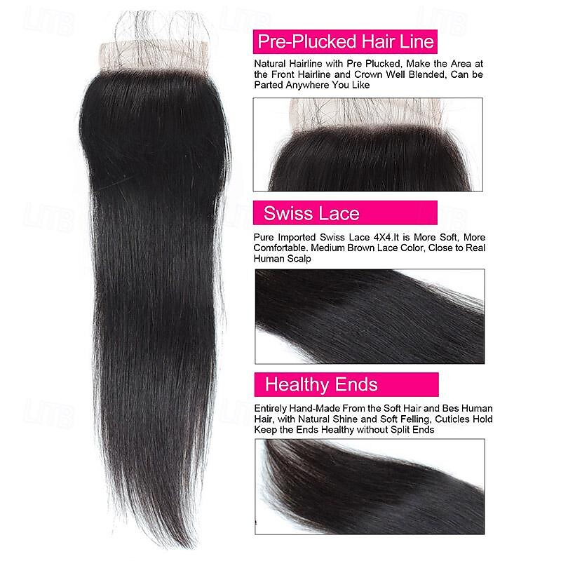 knochenglatte Echthaarbündel mit Verschluss, 4x4-Spitzenverschlüsse mit Bündeln, brasilianische Haarwebartbündel mit Verschluss, Remy-Haar 2025 - $206.89 –P7