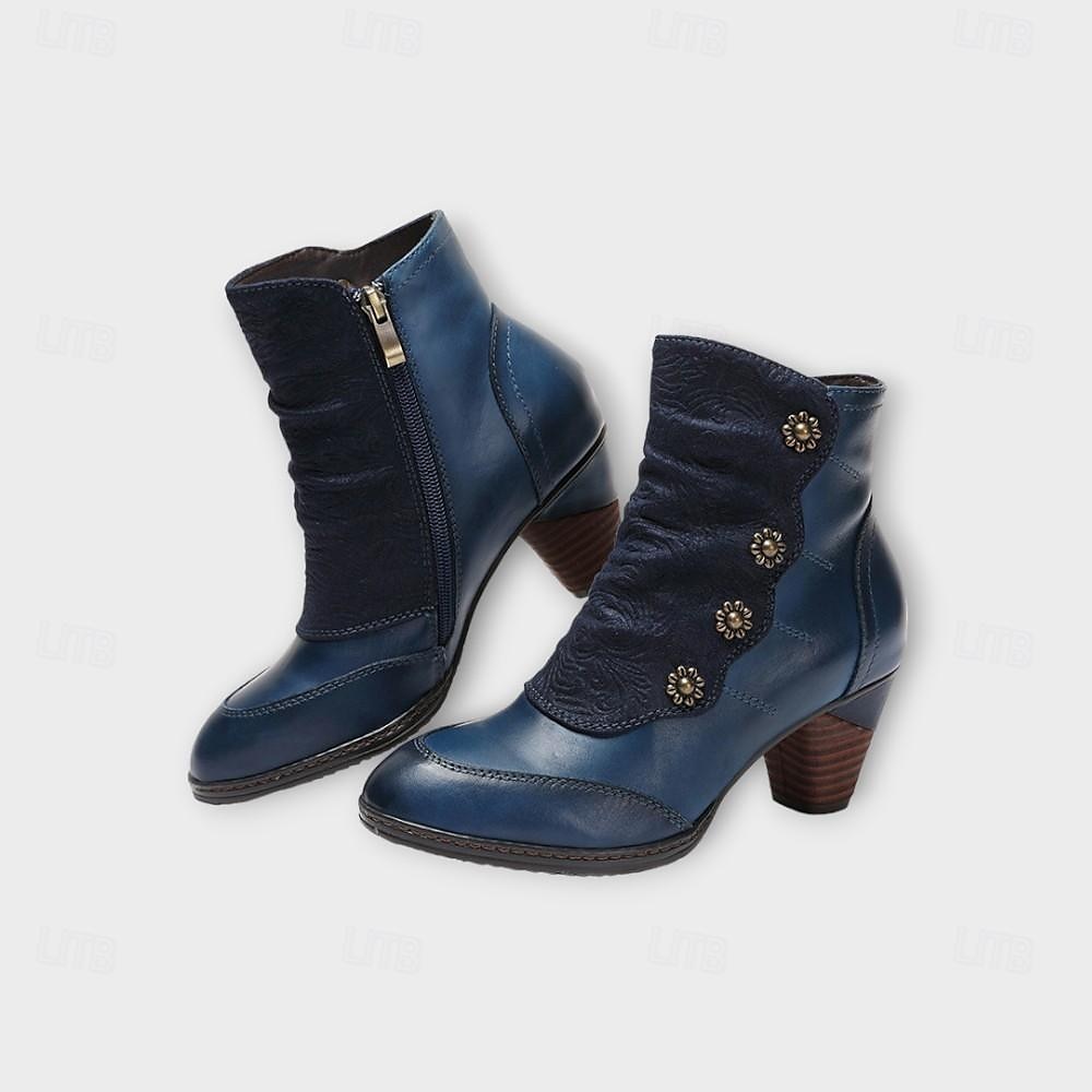 damskie botki vintage z czerwonej skóry – najwyższej jakości skóra bydlęca z kwiatowymi akcentami guzikowymi i grubym obcasem, idealne do stylu retro i na co dzień 2026 - $94.99 –P17