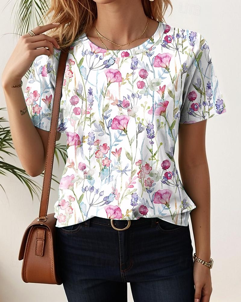 t-shirt femme mode imprimé floral manches courtes hauts réguliers col rond quotidien week-end blanc jaune bleu violet été de 2025 ? $19.99 –P4