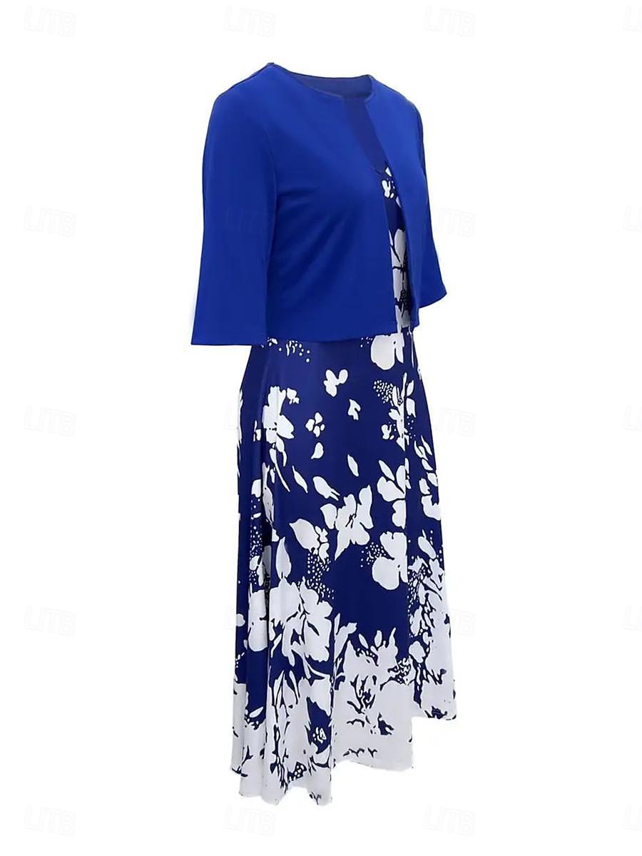 Pentru femei Set de rochii Rochie casual Rochie leagăn Rochie imprimata Modă Modern Floral Imprimeu Rochii Midi Manșon Jumate În V În aer liber Dată Alb Albastru regal Albastru piscină Vară Fit 2025 - $38.99 –P19