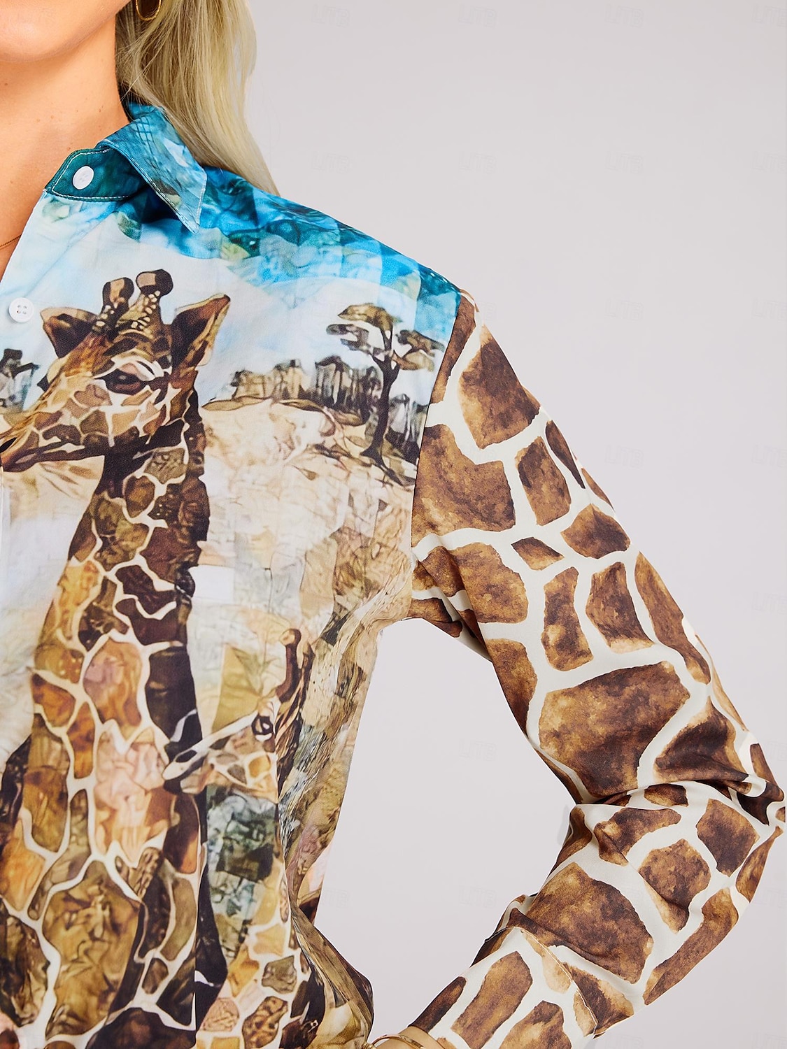 Aim 2024 High/Giraffe Appliqué Rescued Long Sleeved Flannel shirt.