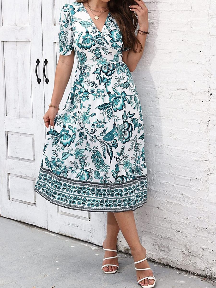 Damen Midikleid Casual kleid Schaukelkleid A Linie Kleid Sommerkleid Strassenmode A-Linie Urlaub Strasse Festtage Regular Fit Blumen Kurzarm V Ausschnitt Schwarz Rote Blau Grün Sommer 2026 - $27.99 –P17