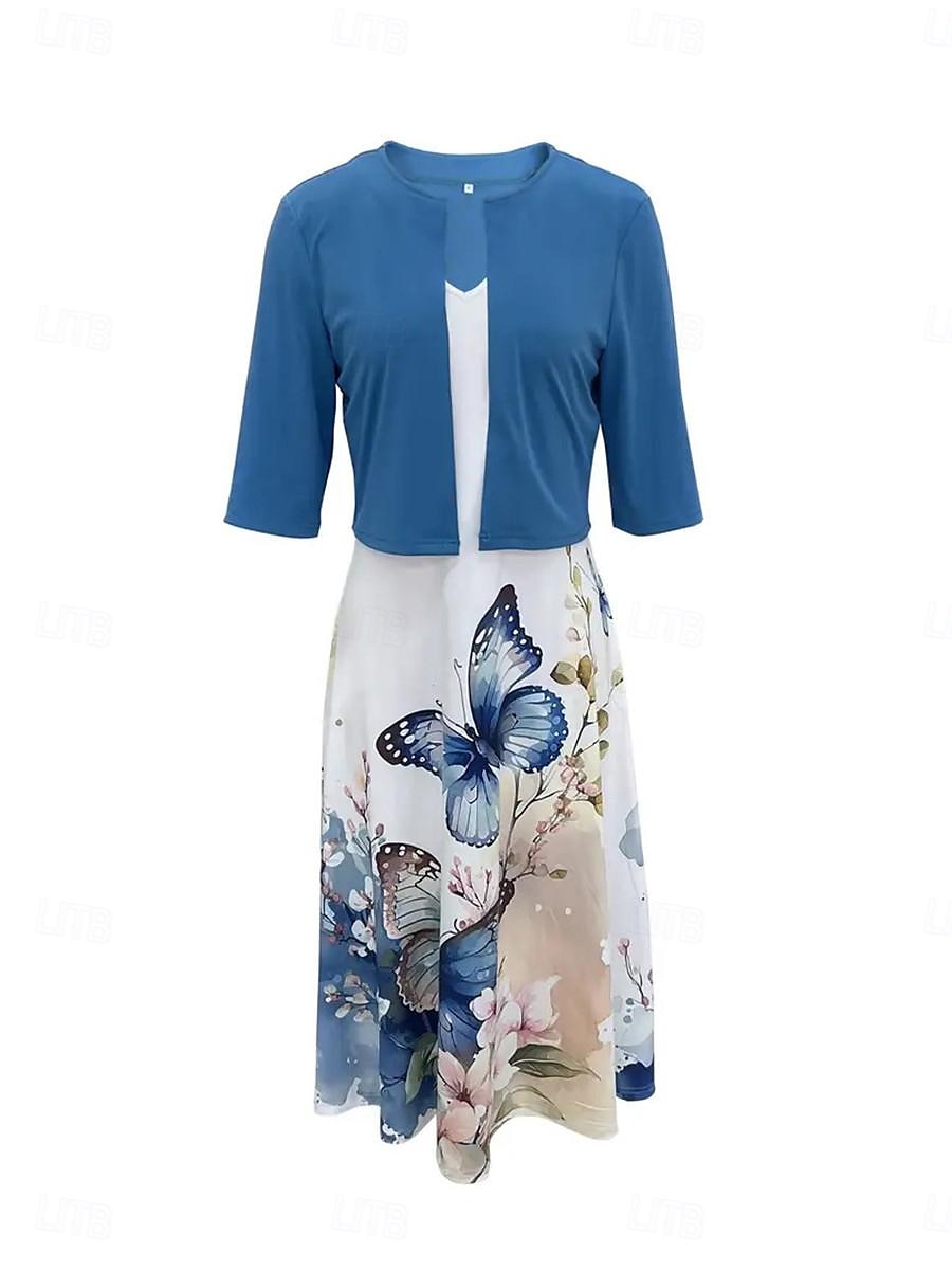 Pentru femei Set de rochii Rochie casual Rochie leagăn Rochie imprimata Modă Modern Floral Imprimeu Rochii Midi Manșon Jumate În V În aer liber Dată Alb Albastru regal Albastru piscină Vară Fit 2025 - $38.99 –P13