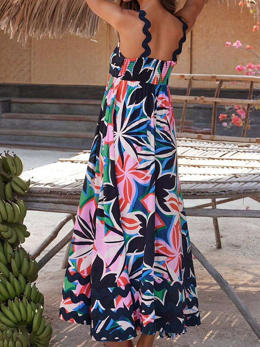 Damen Freizeitkleid Unterkleid Strandkleid Blumen rückenfrei Print Träger langes Kleid Maxikleid tropischer Hawaiiurlaub ärmellos Sommer 2025 - $41.99 –P8