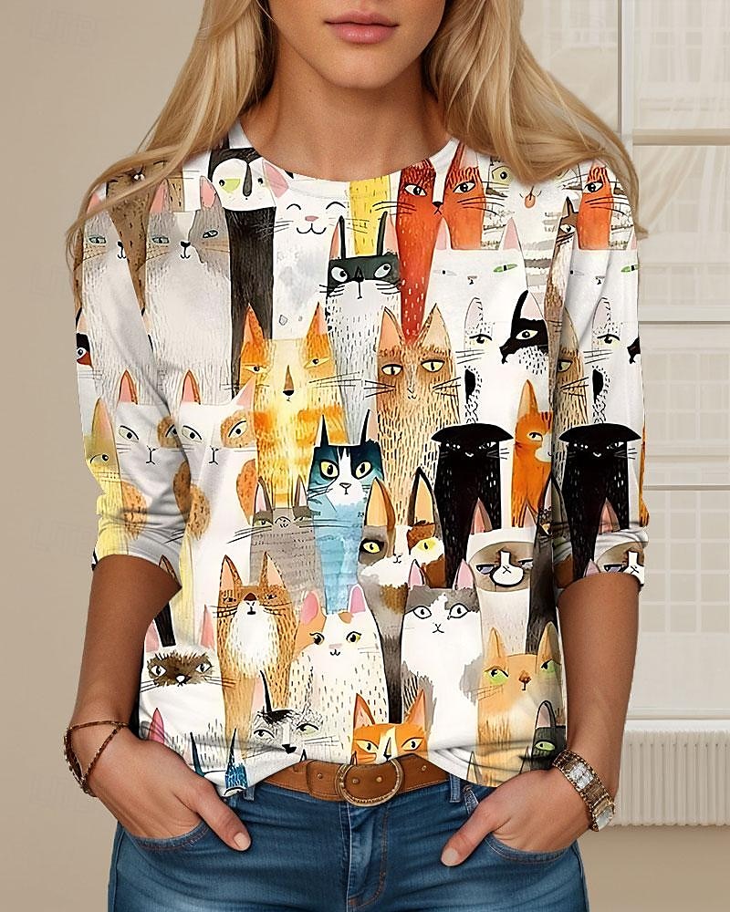 Damen T-Shirt Langarm Rundhals Langarm Tunika Katzenprint Reguläre Tops Rundhals Alltag Wochenende Schwarz Gelb Orange Frühling  Herbst Pre-Fall 2026 - $24.99 –P3