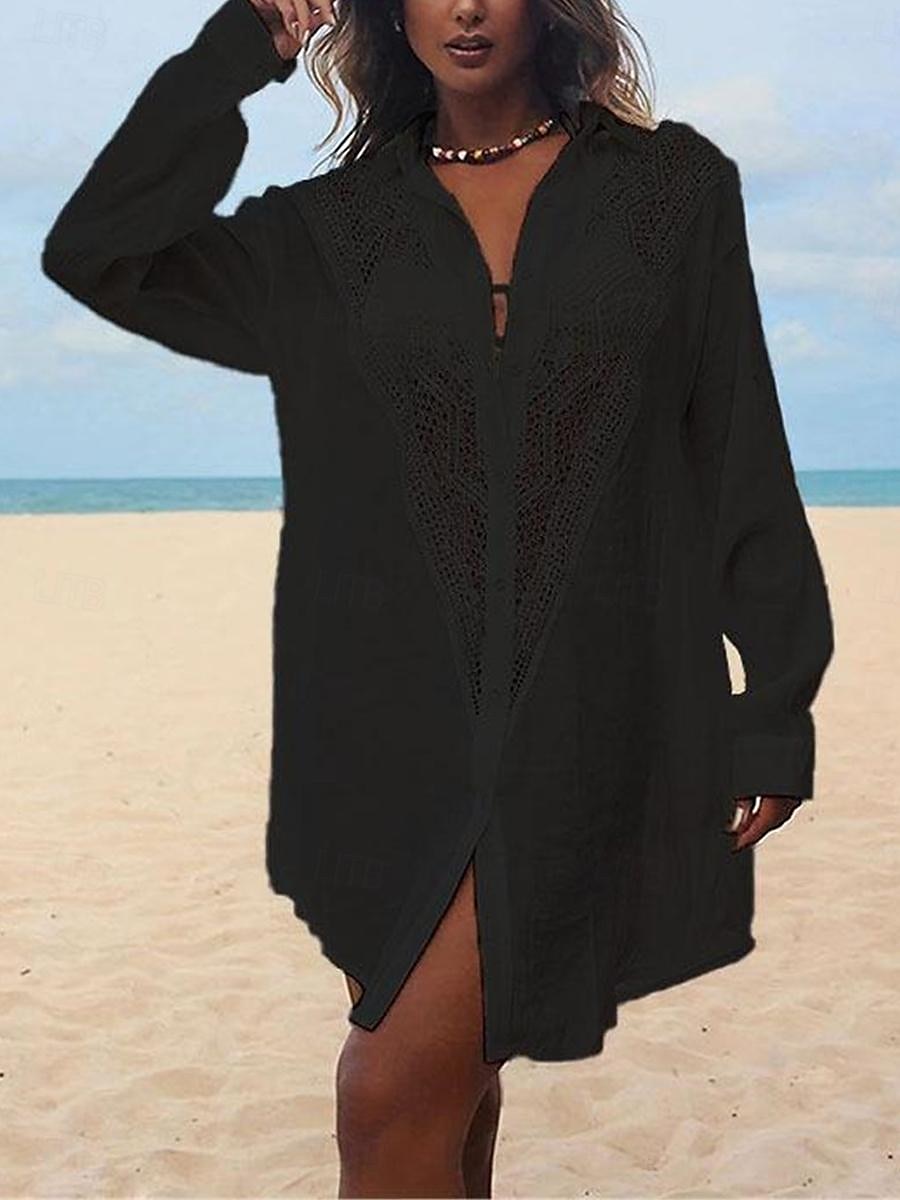 Pentru femei Rochie Mini Rochii inspirate din in Rochie albă Rochii Tip Cămașă Șal Hawaiană Vacanță Concediu Plajă Potrivire Largă Manșon Lung Guler Cămașă Negru Alb Vară 2025 - $32.99 –P11