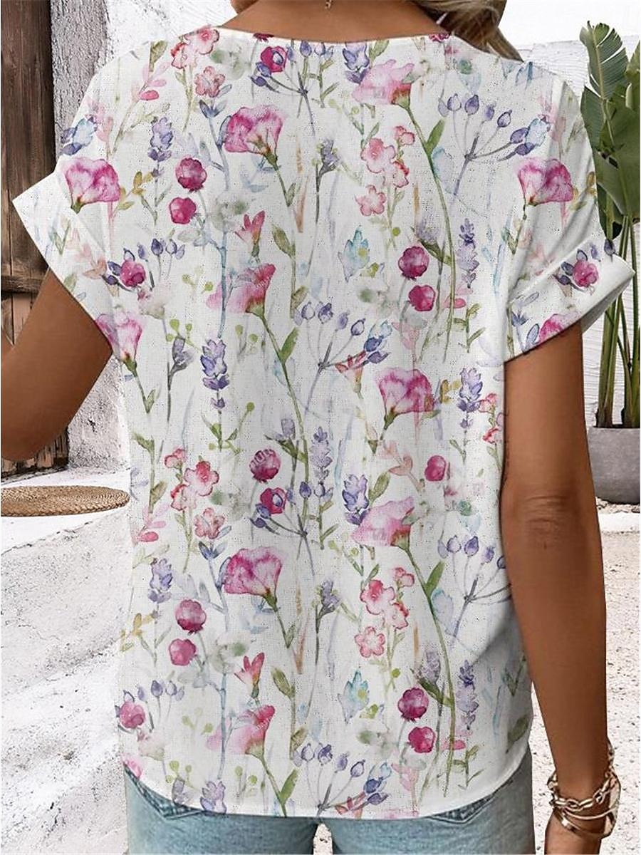 Dames Blouse V-Hals Knopen Mode Streetwear Bloem Knopen Print Korte Mouw Regular Tops Split Hals Casual Wit Roze Luchtblauw Zomer 2025 - $29.99 –P3