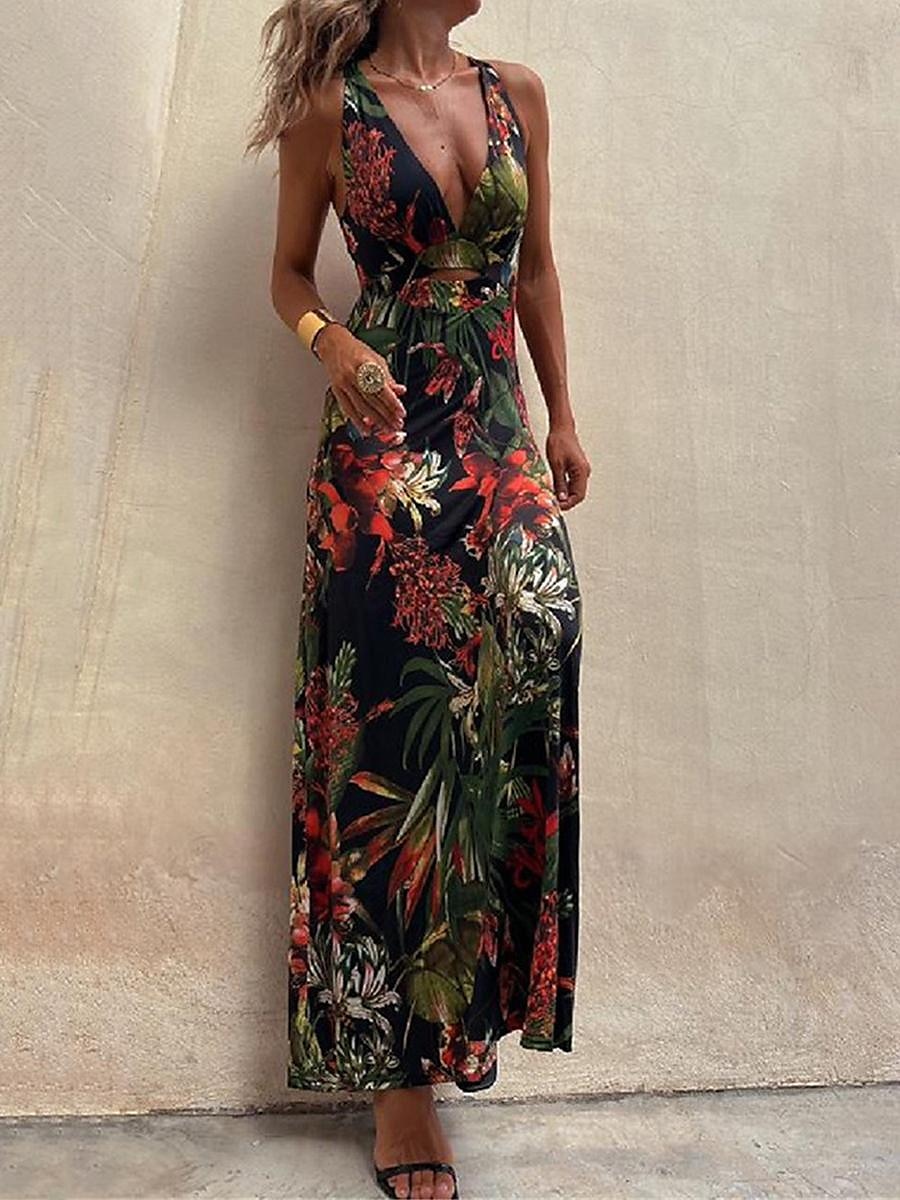 Per donna Abito lungo Abito lungo Abito casual Abiti Boho Chic Boemia Maxi Linea A Da mare Per eventi Taglia piccola Floreale Tropicale Senza maniche A V Nero Bianco Blu Estate del 2025 a $39.99 –P10