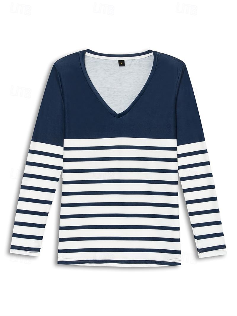 Γυναικείo T-shirt Μακρύ Μανίκι V Neck Μακρύ Μανίκι Τουνίκ Striped Βασικό Κανονικό Top Ημερήσια Σαββατοκύριακο Εκτύπωση Ναυτικό Μπλε Φθινόπωρο Χειμώνας Προφθινόπωρο 2025 - $23.99 –P3