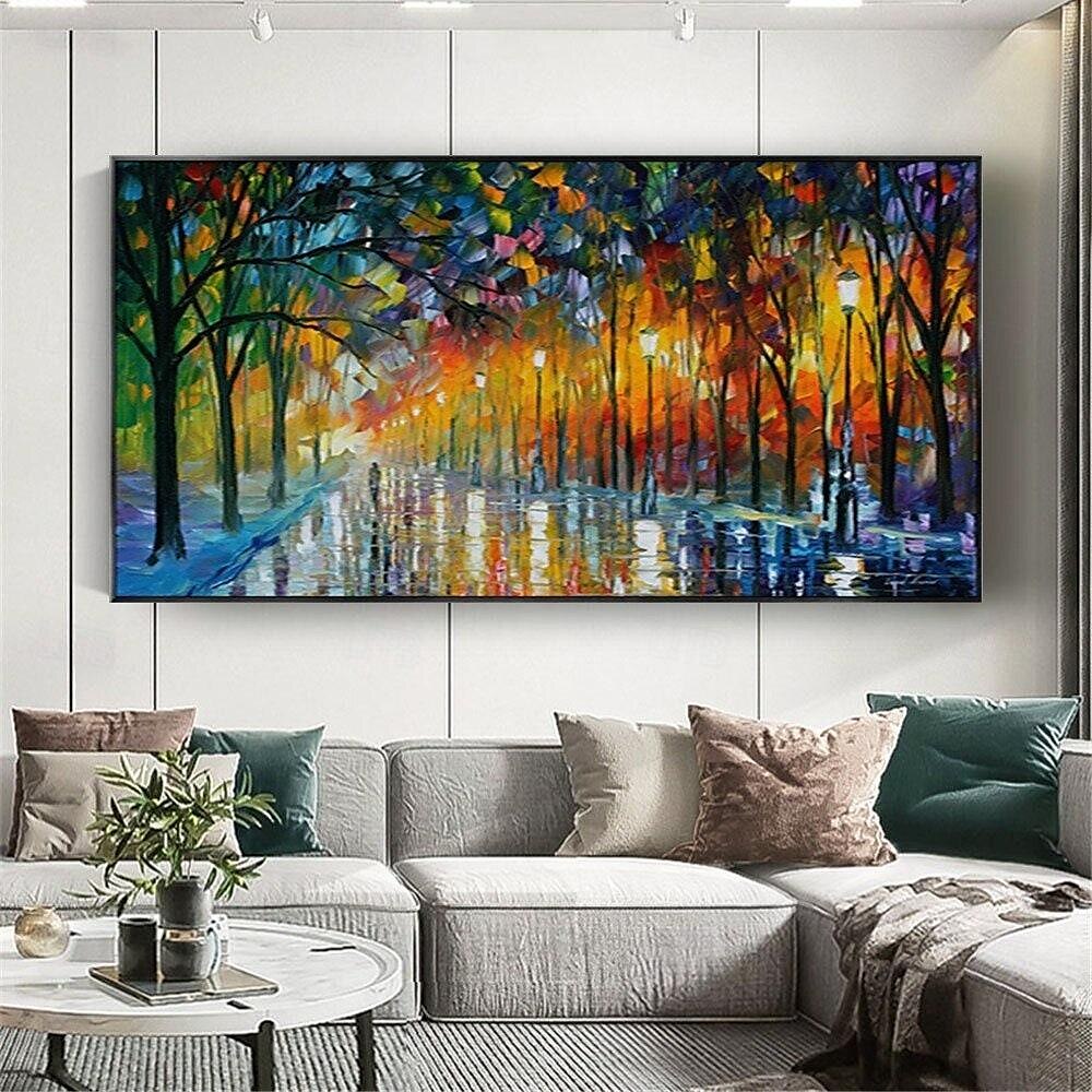 Streichmessergemälde, handgemaltes Paar mit Regenschirm, das unter den Lichtern der Bäume läuft, Ölgemäldeeffekt, aufrollbare Leinwandkunst, Wandkunst, Gemälde, Straße, Spaziermesser, 2025 - $66.99 –P5