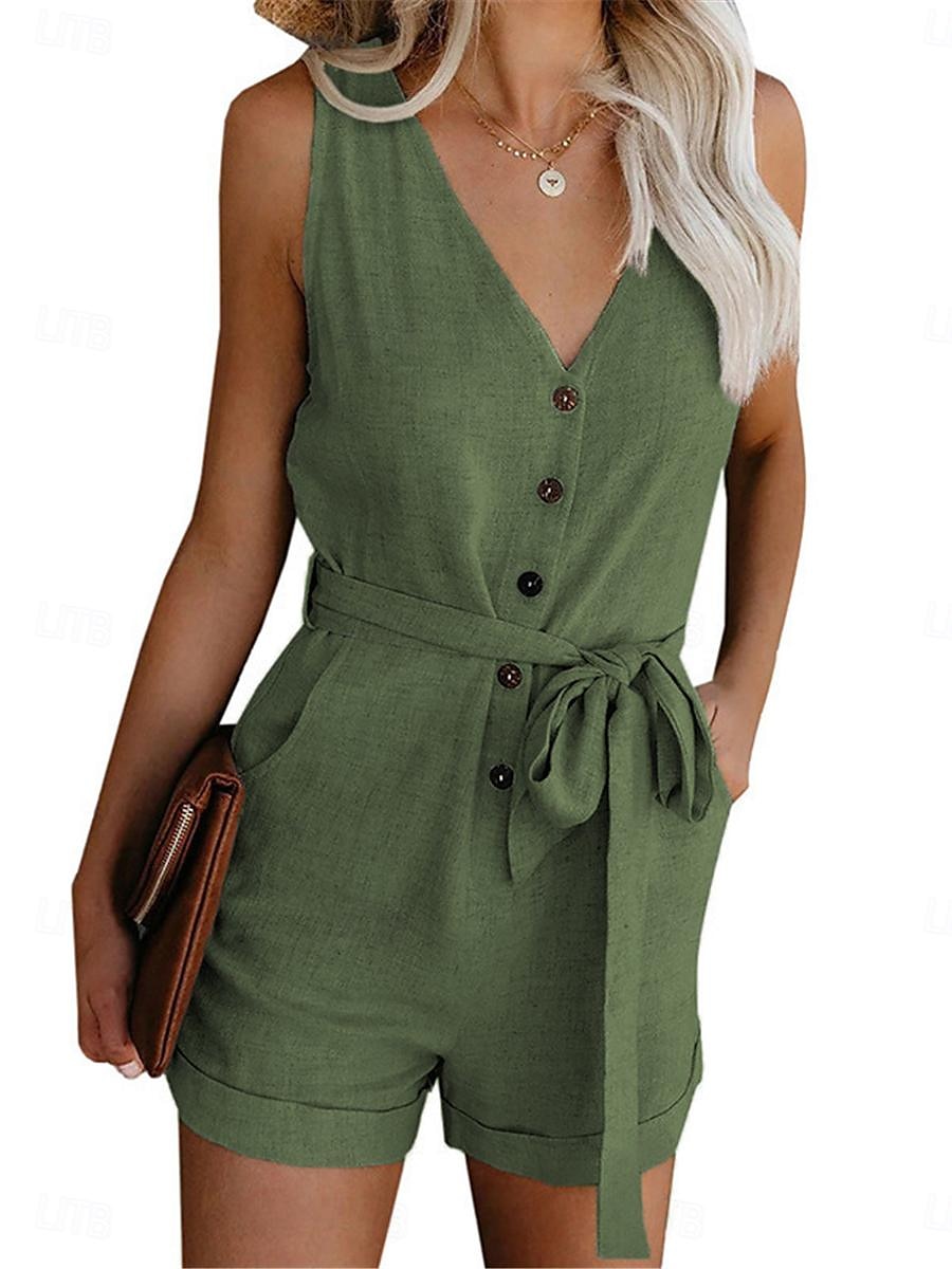 combinaison femme sans manches col en V boutonné devant noué à la taille couleur unie lin style décontracté élégant été printemps tenue une pièce de 2025 ? $22.99 –P9