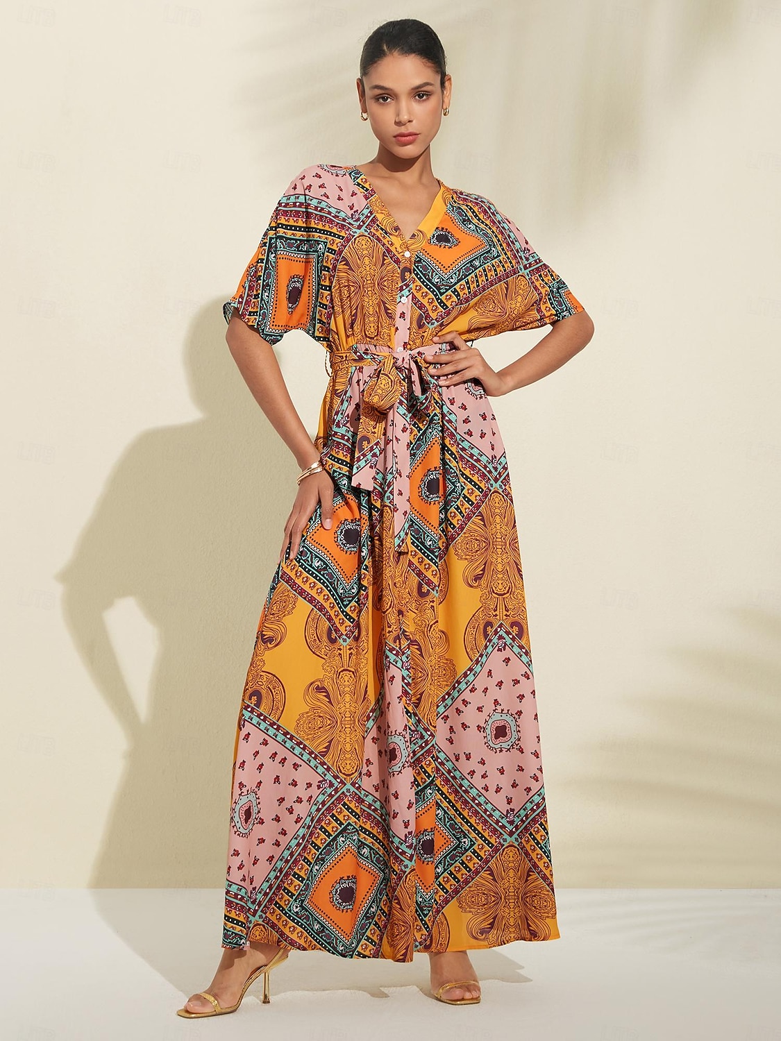 2025年 フォークプリント Vネックマキシドレス  コレクション – $103.99 –P4