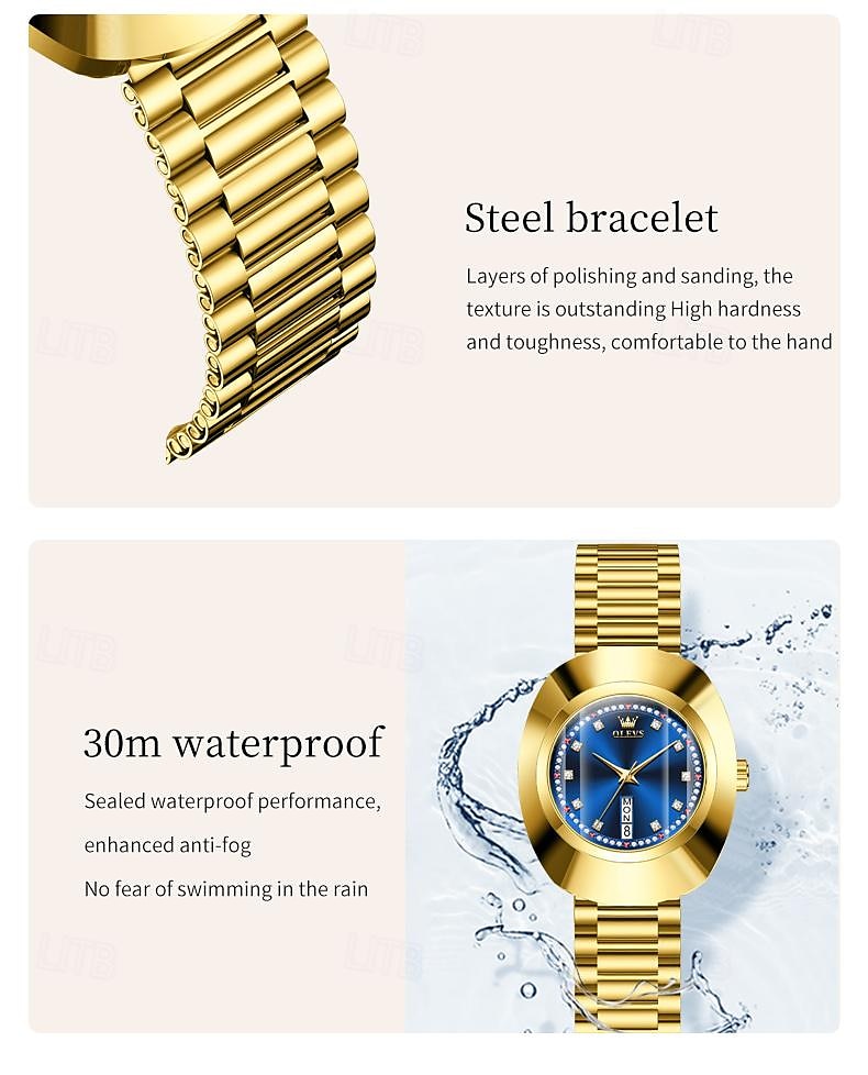 OLEVS Women's Watches Luxury Gold Large Dial Original Wristwatch for Girl Waterproof Luminous Fashionable Diamond Dial Date Week 7017 2025 - $46.99 –P11