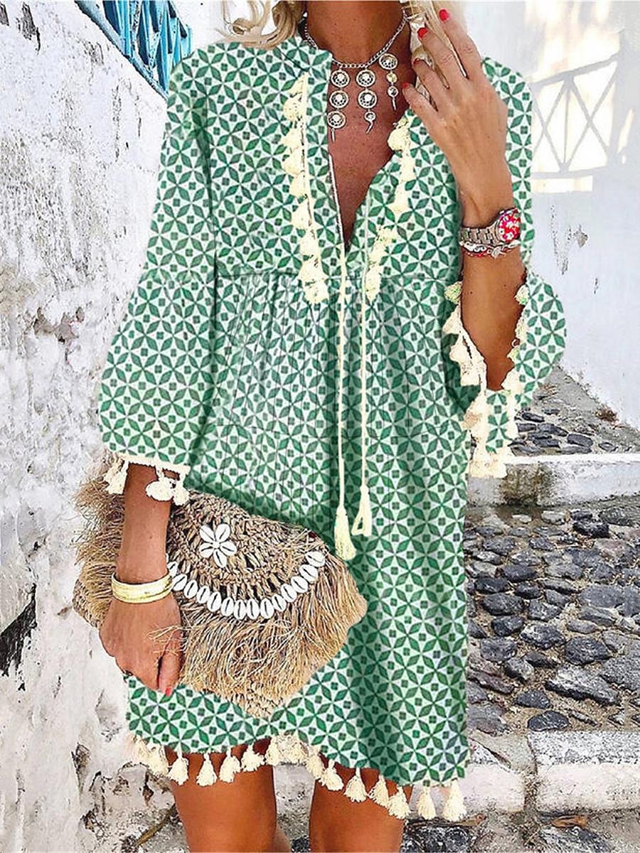 Dam Mini klänning Vardagsklänning Långärmad Boho klänning Sommarklänning Boho-klänning bohemliv Etnisk Semester Helgdag Lös passning Blommig Geometrisk Färgblock Delad hals Vit Rubinrött Marinbl 2026 - $28.99 –P5