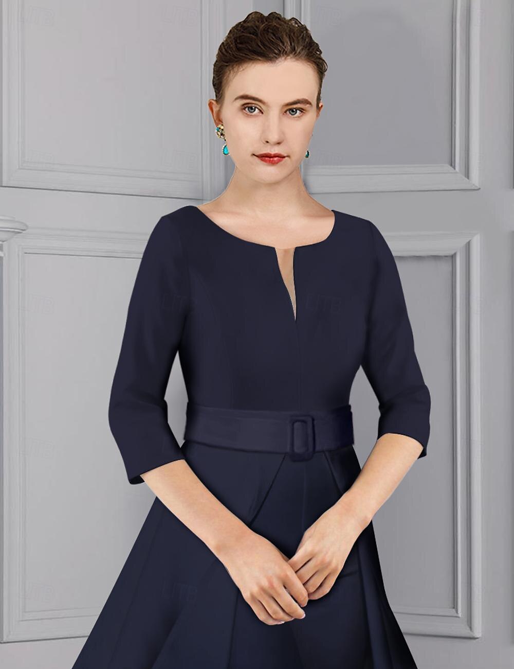 Twee-delige Jumpsuit  Pantalon Moeder van de Bruid Formeel Bruiloft Gast Elegante Afneembare V-Hals Vloerlengte Satijn 3/4 Lengte Mouw Met Riem  Ribbon 2025 gratis maatwerk 2025 - GBP £169 –P3