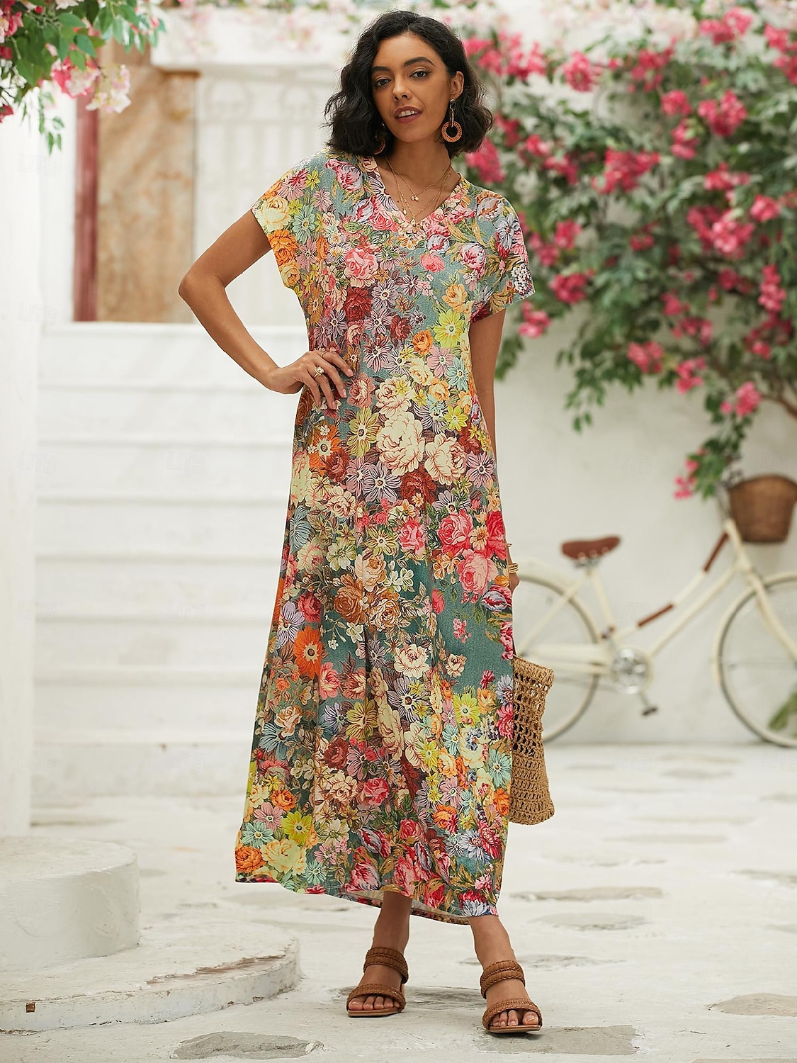 Kobieta Maxi Sukienka Sukienka Letnia Sukienka Shift Sukienka A-Line Moda Uliczna Nowoczesna Opadające Ramię Na Zewnątrz Wczasy Codzienna Regularny Krój Kwiatowy Ditsy Krótki Rękaw V Dekolt Żółty 2025 - $28.99 –P9