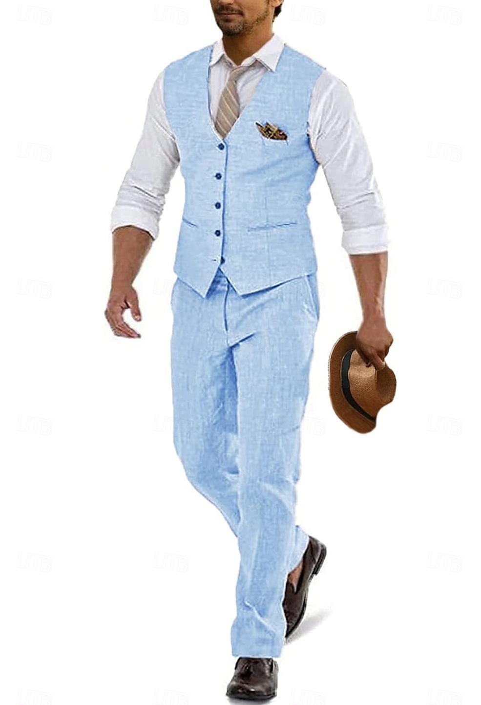 Men's Wedding Linen Suits Pea Green White Summer Solid Colored Tailored Fit 2 Piece 2025 - $102.99 –P3