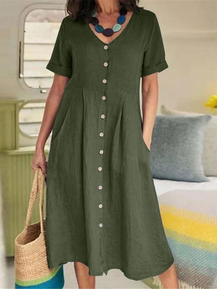 Damen Armeegrün Schwarz Weiß Sommer Frühling Midikleid Weißes Kleid Baumwoll-Leinen-Kleider Hemdblusenkleid Basic Modern Täglich Wochenende Lässiger Schnitt Einfach V Ausschnitt 2025 - $26.99 –P3