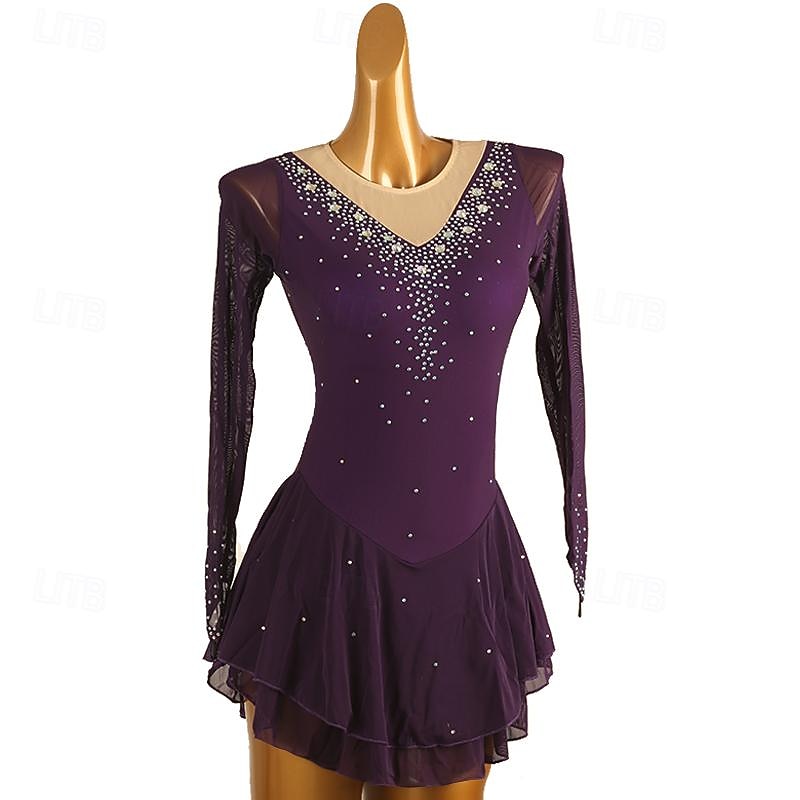 Vestido de patinaje artístico Mujer Chica Patinaje Sobre Hielo Vestidos Morado Retazos Malla Alta elasticidad Entrenamiento Competición Ropa de Patinaje Clásico Cristal / Strass Manga Larga Patinaje 2026 - $152.99 –P4