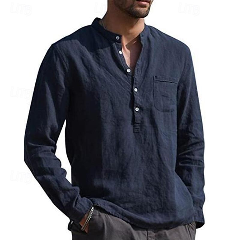 Camisas popover para hombre, color negro, azul marino, manga larga, lisas, estilo Henley, para vacaciones, estilo hawaiano, moda, informal, transpirable. 2025 - $19.49 –P8
