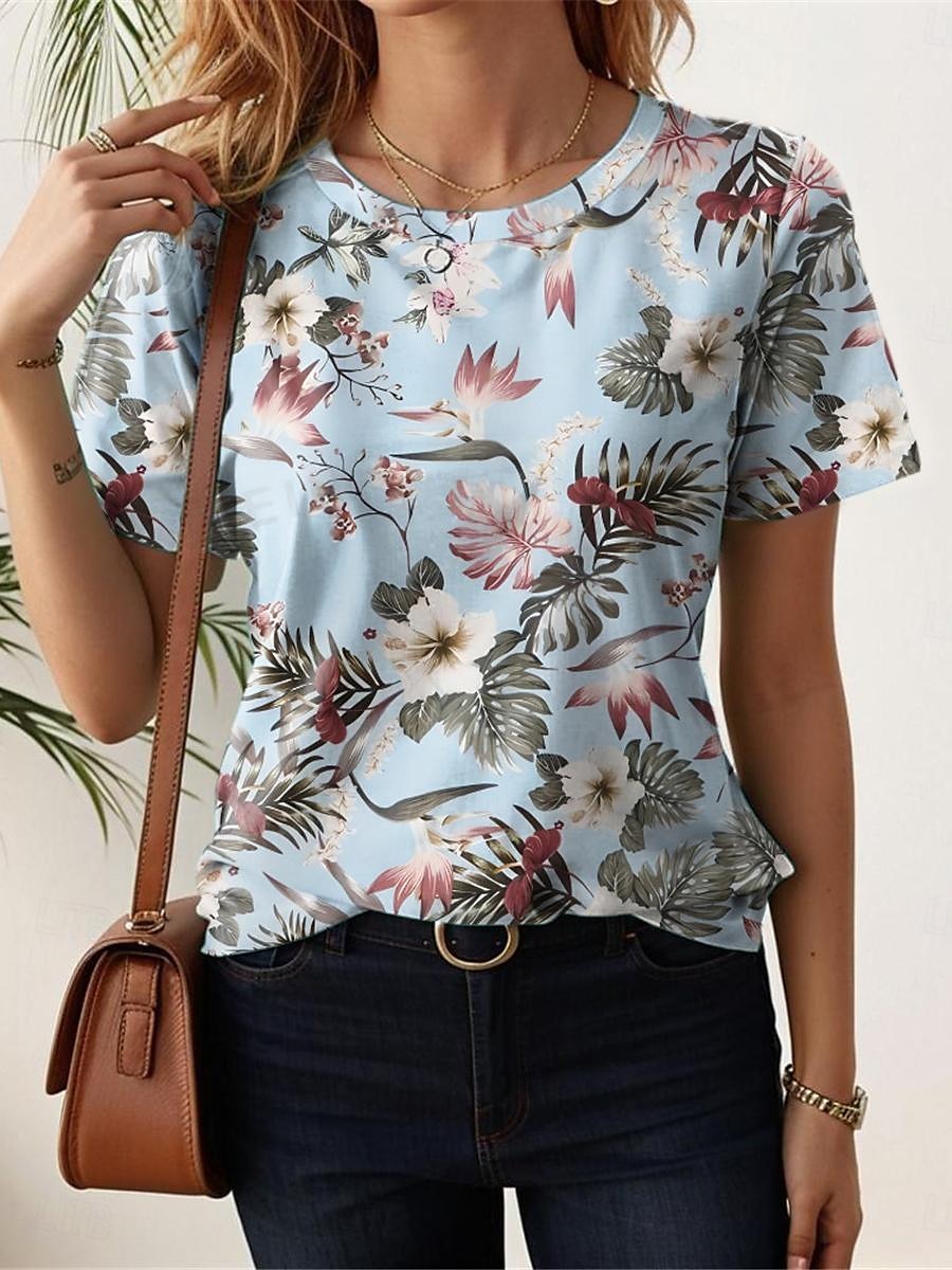 t-shirt femme mode imprimé floral manches courtes hauts réguliers col rond quotidien week-end blanc jaune bleu violet été de 2025 ? $19.99 –P1