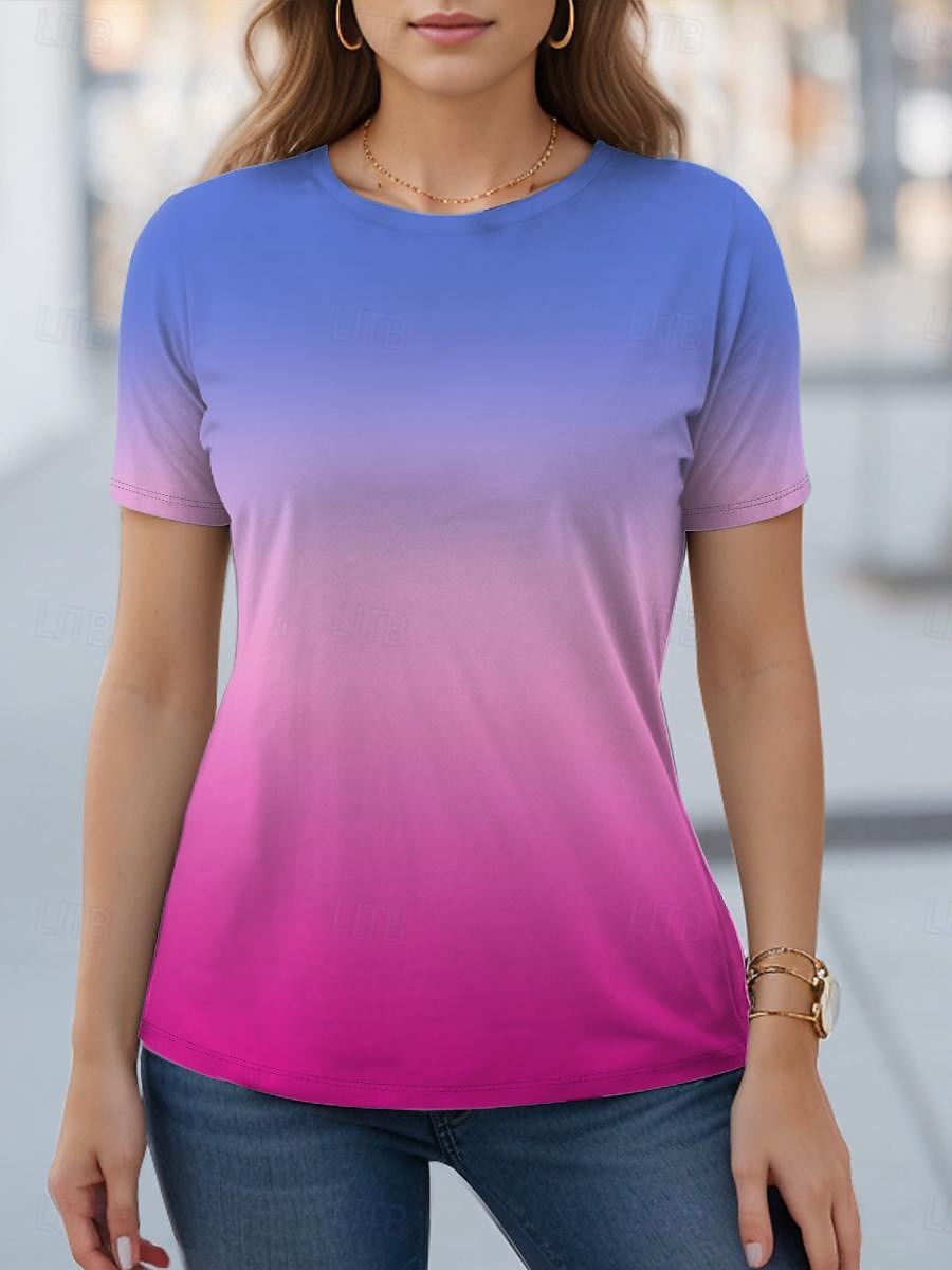 Women's T Shirt Ombre Color Gradient Fashion Short Sleeve Round Neck Regular Tops Vacation Daily Going out Print Yellow Blue Orange Light Blue Summer 2025 - $19.99 –P3