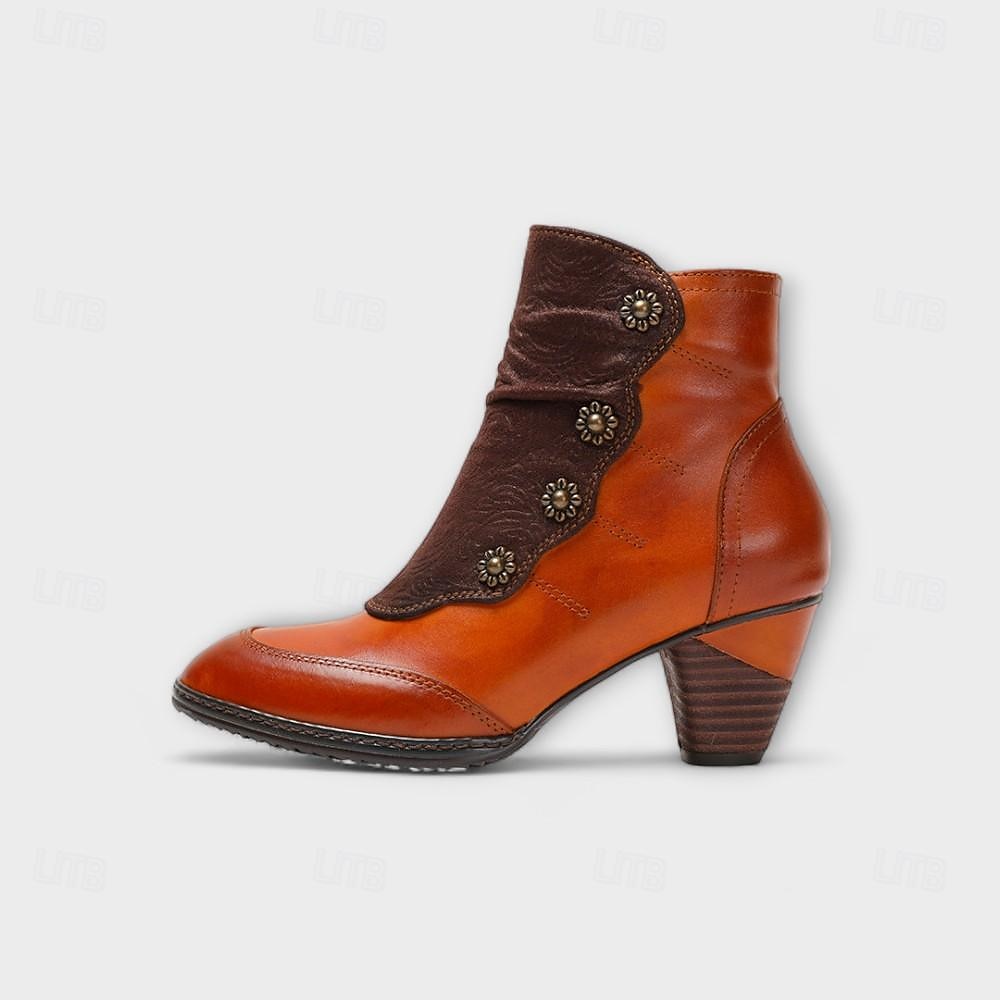damskie botki vintage z czerwonej skóry – najwyższej jakości skóra bydlęca z kwiatowymi akcentami guzikowymi i grubym obcasem, idealne do stylu retro i na co dzień 2026 - $94.99 –P11