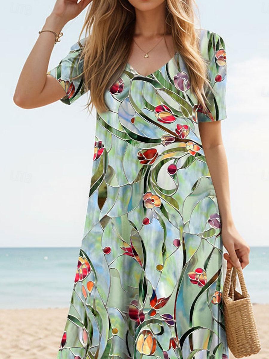נש women's maxi dress floral print v neck long dress bohemia vintage short sleeve summer spring 2025 - $51.99 –P3
